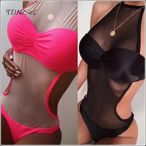 Mulheres Sexy Mesh Transparente Mesh Aprime de banho Halter pescoço sem costas Ternos corporais 2020 Summer Sport Bathing 1pc Suits Beachwear T200708