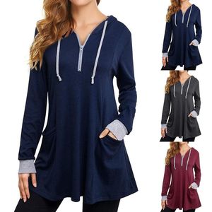 Damen Hoodies Sweatshirts Elegantes Sweatshirt Herbst Frauen Casual Langarm Tunika Kapuzenpullover Reißverschlusstasche Pullover Kleid Tragen