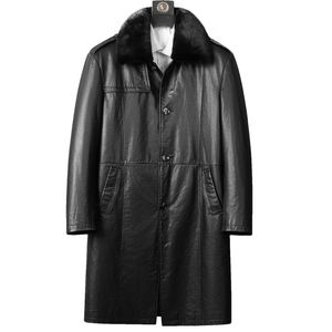 Mens Genuine Leather Jackets Long Mink Fur Coat Windbreaker Winter Outerwear Coats Waterproof Tops Plus Size Real Fur Black