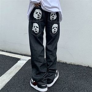 Emo Männer Schwarz Street Hip Hop Schädel Gothic Gerade Breite Bein Cargo Hosen Y2K Alt Harajuku Baggy Low Rise Jeans kleidung 220701