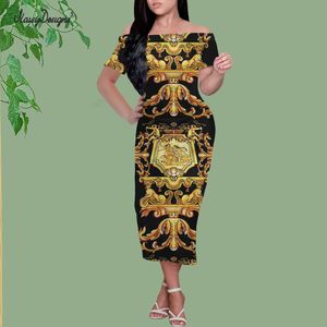 Noisydesigns Women Casual Off Shoulder Print Short Sleeve Bodycon Party Long Golden Floral Ladies Sexy Clubwear Luxury Dreses 220627