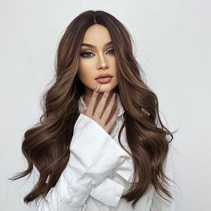 Long Wave Brown Synthetic Wig Natural Middle Part Wigs Heat Resistant Wig for Black White Women Daily Party Cosplay Faker Hairfactory direct