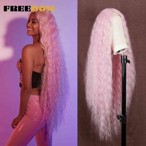 FREEDOM Synthetic Lace Front Wigs 40 Inch Long Deep Curly Wave Ombre Highlight Red White Pink Wig Cosplay For Black Women220505