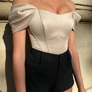 Beyouare Satyna Off Gorset Ramię Tube Crop Tops Kobiety Backless Asymetryczne Slim Elegancka Moda Solidna Czarne Lato 220316