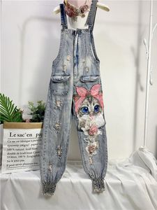 Damen Overall-spielanzug Frauen Drucken Cartoon Denim Overall Overalls Loch Lose Perlen Jean Hosen Weibliche Plus Größe Casual Lange