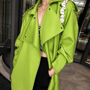 Lautaro Spring Autumn Long Overdized Bright Green Faux Leather Trench Coat for Women Belt Loose Stylish Luxury Designer Clothing 220804