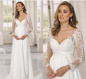 Abiti casual 2022 Abito incinta per la festa nuziale Abiti da sposa in chiffon con scollo a V con maniche lunghe Lunghezza pavimento Applicazioni in pizzo Robe De Mairee