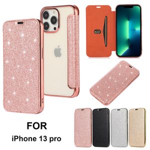 Caixa de telefone fólio de brilho Sparkle para iPhone 13 12 mini 11 Pro Max XR XS 7 8 Plus SE2 SE3 Samsung Galaxy S20 Ultra Glitter Card Slot Leather Cartlet Clutch Shell Protetive Shell