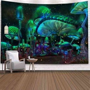 Fluorescent Mushroom Castle Wall Hanging Rugs Nature Art Starry Sky Galaxy Psychedelic Carpet Magical Forest Tree J220804