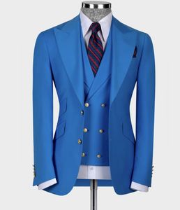 2023 NOWOŚĆ Błękitne Tuxedos Tuxedos noszenie męskie garnitury Slim Fit Peaked Lapel Prom Bestman Groomsmen Blazer Designs 3 -częściowy zestaw kamizelki kurtki i spodnie wykonane na zamówienie