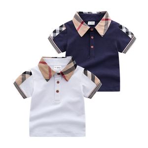 Retail Baby Boys Turn-Down Collar T-shirts Summer Kids Short Sleeve Plaid T-shirt Gentleman Style Children Cotton Casual Tops Tees Boy Shirts Child Clothes