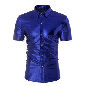 Camicia metallica rivestita blu royal lucida Uomo DJ Nightclub Prom Camicie eleganti da uomo Camicia da cantante per feste da uomo Camisa Masculina L220704