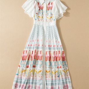 Zjyt Runway Fashion Print Summer Dresses For Women Elegant Sleeve Midi Pleated Chiffon Vestidos Single Breasted Robes 220516