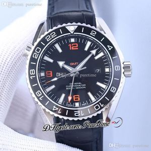 43.5mm Diver 600m GMT A8906 Otomatik Erkek Saat Seramik Çerçevesi Siyah Dial Beyaz Çubuk Deri Kayış Turuncu Hat 232.32.44.22.01.002 Aynı Seri Kart Puretime Z01B2