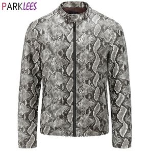Sexy Snake Pattern PU Giacca in pelle da uomo Marca Stand Collar Motorcycle Biker Ecopelle Mens Giacche Cappotti Chaquetas Hombre 201127