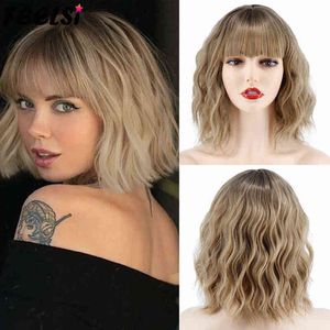 Short Platinum Bob Synthetic Wigs Blonde Omber Wavy Wig Dark Roots with Bangs for Women Daily Wear Natural Cosplay Brown 220622