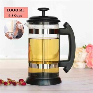 French Press Coffee Tea Brewer Pot Maker Kettle 1000ML Stainless Steel Glass Thermos Barista Tools Coffee Carafe 210408