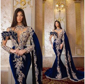 Royal Blue Velvet Mermaid Prom Dress Long Puffy Sleeves V-Neck Evening Dress 2023 Pleats Beading Evening Gowns