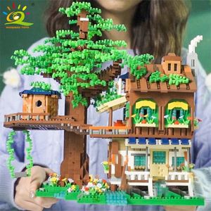 HUIQIBAO Elfen Grüner Baum Haus Mini Bausteine MOC Micro Ziegel Spielzeug für Kinder Freunde JUNGE DIY Stadt Straße Ansicht Modell 220715