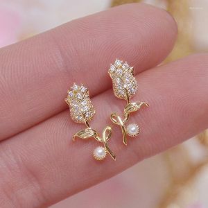 Stud Korea Selling Fashion Jewelry 14K Real Gold Plating Copper Zircon Earrings Elegant Tulip Women's Wedding Party Moni22