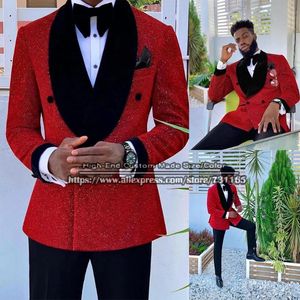 Erkek Suit Blazers kırmızı shinny erkekler resmi düğün smokin damat giymek siyah yaka palto pantolonlar tasarım son kostüm homme mariage balo elbisesi