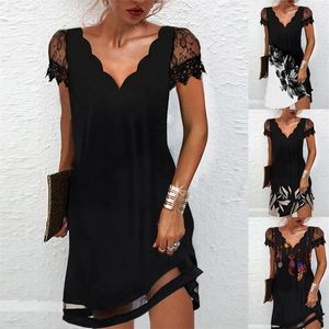 Women Elegant Dresses Summer V Neck Lace Short Sleeve Sexy Printed Loose Female Black Party Vestidos 226014