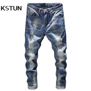 Ripped Jeans Men Slim Fit Light Blue Stretch Fashion Streetwear Frayed Hip Hop Distressed Casual Denim Jeans Pants Male Trousers 210318