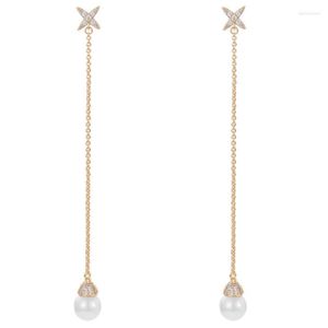Anti-Allergy Ear Needle Earring Copper Plated Gold Inlaid Zircon Freshwater Pearl Chain Earrings For Women Jewelry Gift Dangle & Chandelier