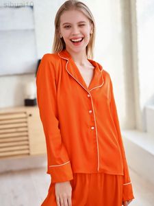 Hiloc Orange Home Suit For Women Sets Long Sleeve Pants Fits Single Breasted Satin Pyjamas With Pants Two Piece Nightwear L220803