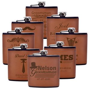 Personalized 6oz Leather Hip Engrave Stainless Steel Flask Man Groom Gift Wedding Favors Customized 220707