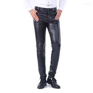 Pantaloni da uomo Estate Mens Business Slim Fit Elastico Nero Ecopelle Maschile Pantaloni attillati elastici PU Matita lucida A71002Men's Drak22