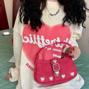 Akşam çantaları harajuku vintage kadın omuz 2022 gül kırmızı kalp Japon goth lolita el çantaları cep telefonu kese çantası 220802