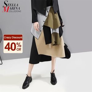 Korean Style Woman Patchwork Asymmetrical Skirt Elastic Waist Mid Calf Length Layers Design Ladies Stylish Casual Skirt 5401 210315