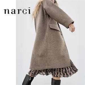 Narci Womens는 겨울 봄 숙녀 Houndstooth 격자 무늬 코트 갈색을위한 긴 코트를 확인했습니다.