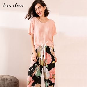 Pijamas de verão conjunto feminino sleepwear feminino casual floral impresso contrastante cor pijamas topos com calças compridas roupas para casa 220321