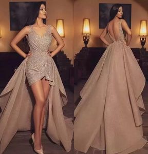 2022 Sequin Short Prom Klänningar med avtagbar tåg V Neck Ruched Backless Evening Gown Asymmetrisk Kändis Robe de Soiree