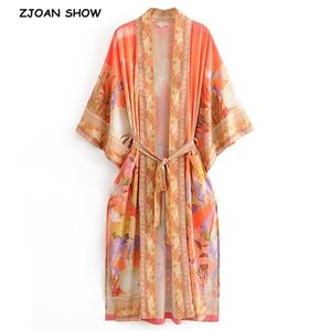 Bohemia Orange Mermaid Flower Crane Print Kimono Shirt Ethnic Lacing Up Sashes Long Holiday Cardigan Loose Blouse Tops 210302