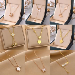 Rhinestone Four Leaf Pendant Necklaces Not Fade Titanium Steel Roman Numerals Letter Animal Butterfly Star Design Fashion Choker Jewelry Christmas Gifts for Women