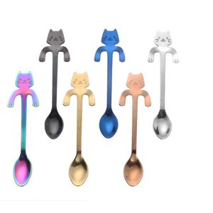 Ze stali nierdzewnej Cute Cartoon Cat Wiszące Puchar Kawy Łyżka Lody Deser Teaspoon Kreatywny Kubek Table