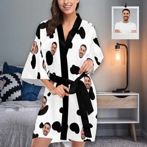 Custom Face Cow Spot White Print Women's Short Kimono Robe Personalized Gifts Female Indoor Autumn Soft Pajama Set Sleepwear 220621