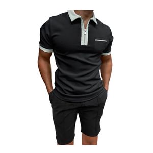 Erkekler İçin Yaz Düz Renk Takipleri Kısa Kollu İnce Uygun Fermuar Kazı Polos T-Shirt ve Spor Şortları 2 Parça Setleri TZ-41