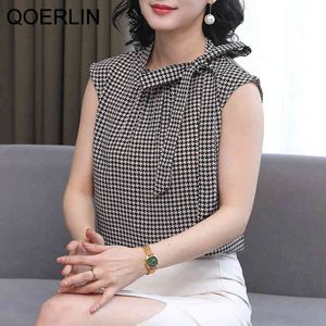 Qoerlin S3XL Korean Bowknot Chiffon Vest Sleeveless Top Shirts Fashion Houndstooth Temperament Check Blue Femme Big Sale 210412