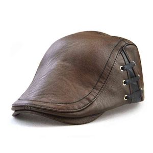 Beret Pu Leather Caps Windproof Man Beret Bandage Hat Autumn Spring Flat Pet Warm Lace Band Boina Masculina J220722
