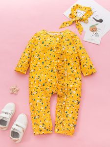 Baby girl's small floral pattern flounced jumpsuit and hair band SHE