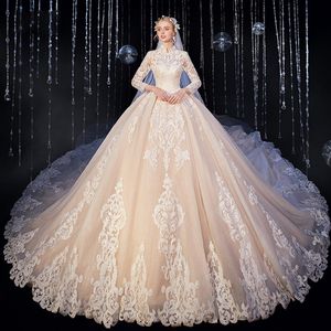 New Arrivals High Neck Three Quarter Sleeve All Over Appliques Lace Super Gorgeous Shiny Ball Gown Wedding Dresses