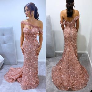 Shining Sequined Mermaid Evening Dress Off Shoulder Sexy Backless Custom Made Women Party Gown Sweep Floor Prom Formal Dress