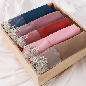 Wedding Style Muslim Lace Hijab Good Stitching Plain Scarf Premium Chiffon Scarf Shawl Islamic Soft Turban Head Wraps Headband