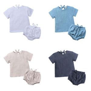 Kläder sätter mode som sommarflickor flickor baby bomullslinne kortärmad skjorta spetsar pp byxor tvådelar unisex 6m-4y casual styleclothing