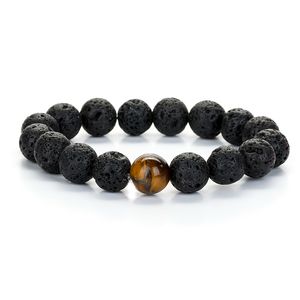 Men's Lava Rock Beaded Bracelets Strand Black Volcanic 10mm Round essential oil diffusion Beads with 1PCS Natural Gemstone Yoga Wrist jewelry