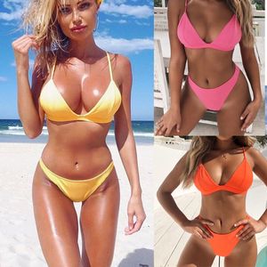 Women's Swimwear Summer Solid Beach Swimsuit for Women Sexy Halter Swimwear Swimsuits Thong Female Bikini Sets Orange Pink Yellow 10-Color Pure Bathing Suit